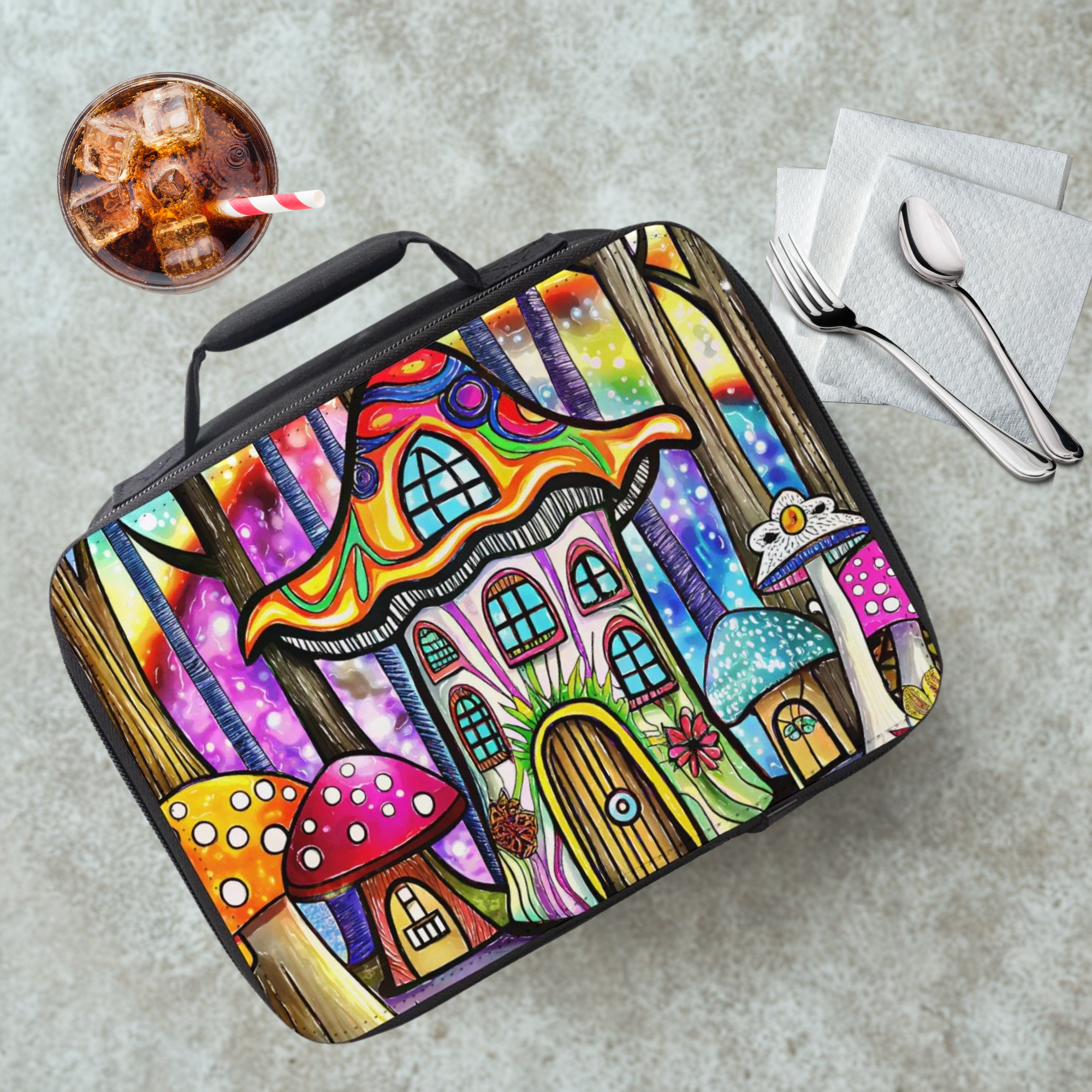 Colorful lunch bag with mushroom house design on a cafeteria table with a drink and utensils.