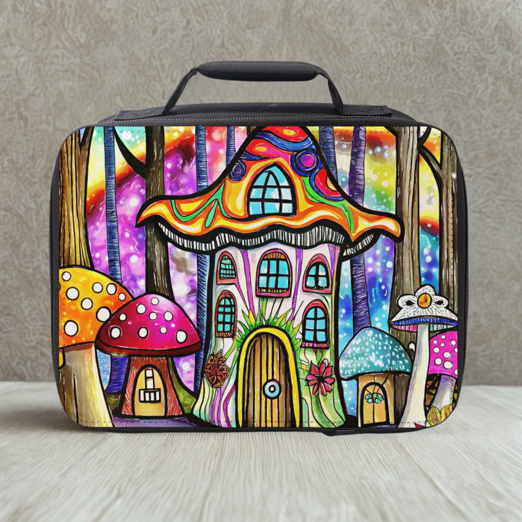 Colorful lunch bag with a fairy-tale house design on a neutral background