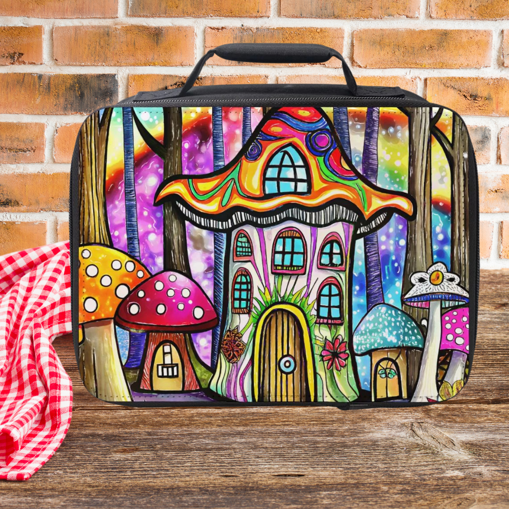 Colorful mushroom house design on a lunch bag sitting on a wooden picnic table against a brick wall background
