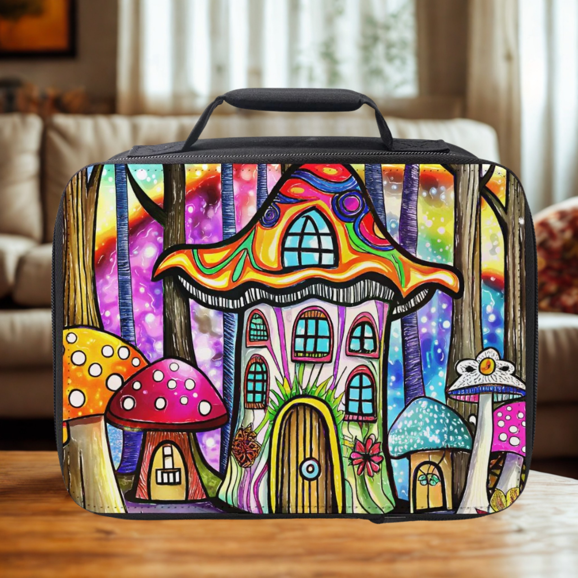 Colorful lunch bag with a mushroom house design on a wooden table in a cozy living room