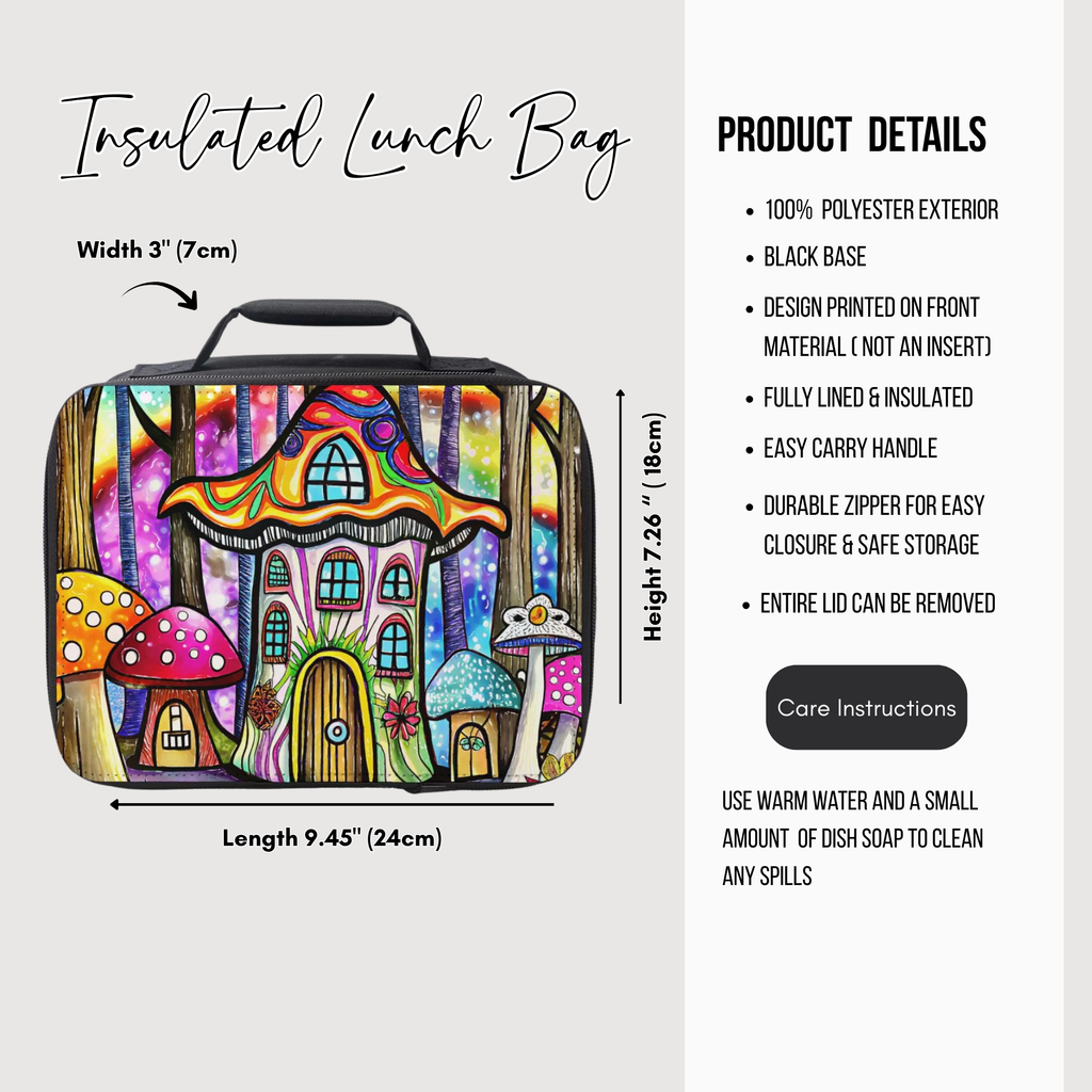 Insulated lunch bag with colorful mushroom house design and product details on a white background