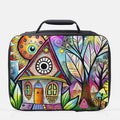 Colorful art-style lunch bag with a house and tree design on a white background