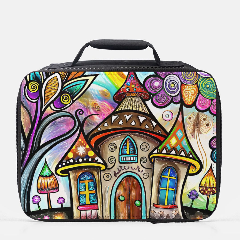 Colorful lunch bag with a whimsical design of houses and abstract elements on a white background