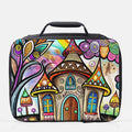Colorful lunch bag with a whimsical design of houses and abstract elements on a white background