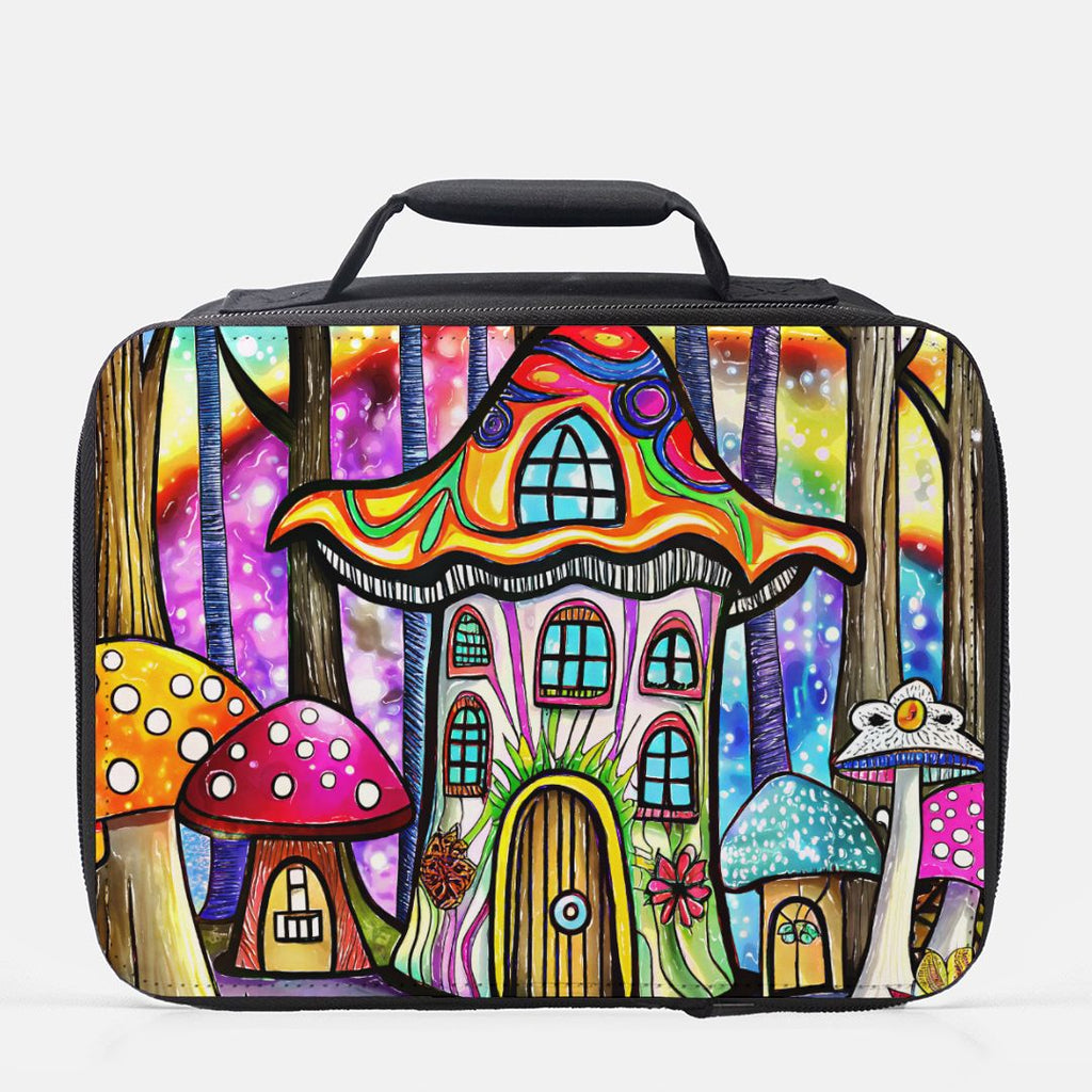 Colorful lunch bag with a fairy tale house design on a white background