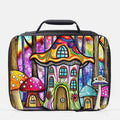 Colorful lunch bag with a fairy tale house design on a white background