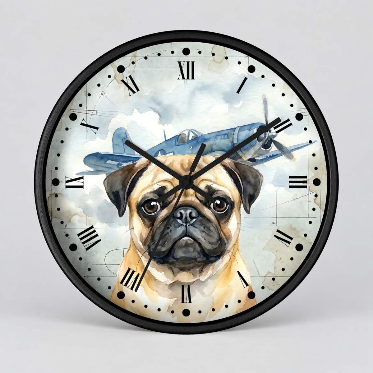 Round wall clock with a black frame and Roman numerals, featuring a watercolor-style illustration of a pug dog in front of a vintage blue airplane on a cloudy sky background.