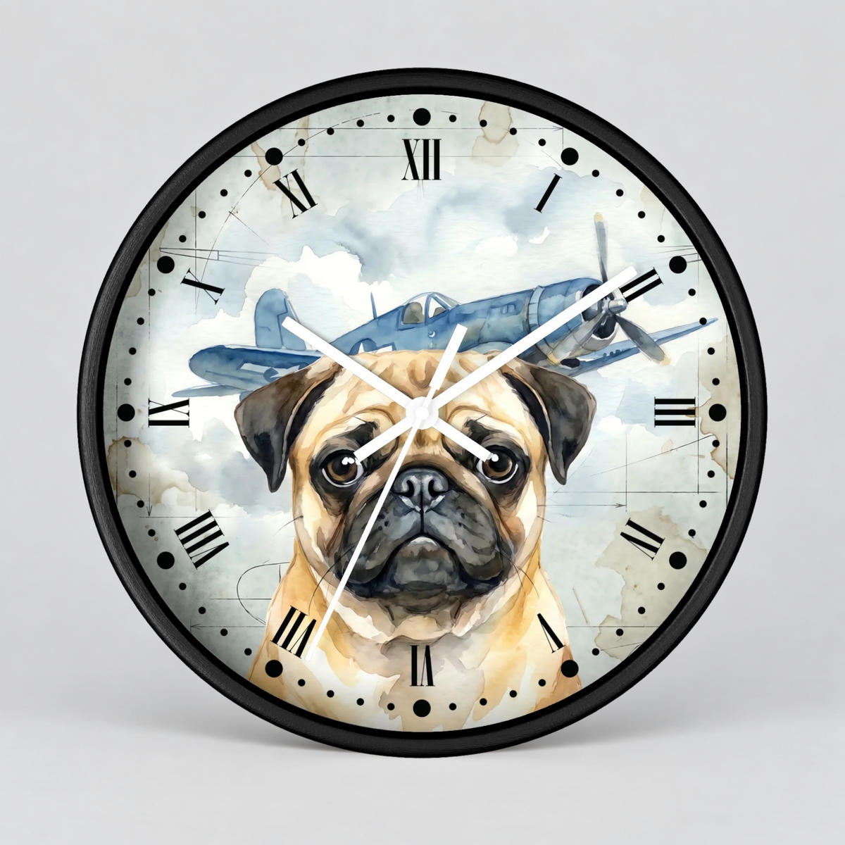 Round wall clock with a black frame and a printed face featuring a pug dog portrait in front of a vintage blue airplane and cloudy sky. Roman numerals mark the hours, and the clock is shown against a light gray studio background.
