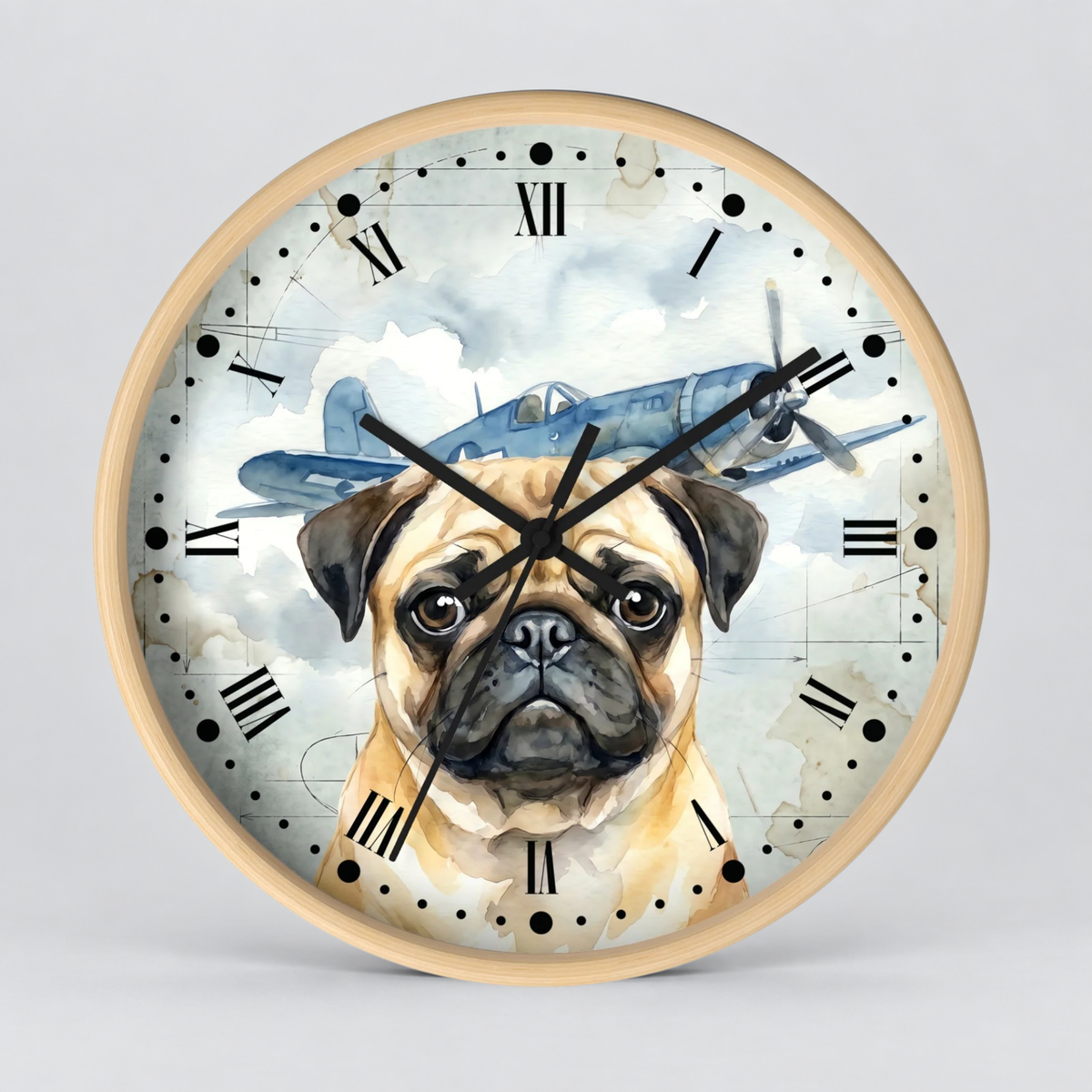 Round wall clock with a light wood frame and a printed face featuring a pug dog portrait in front of a vintage blue airplane and cloudy sky. The clock uses black Roman numerals and black hands against a light gray studio background.