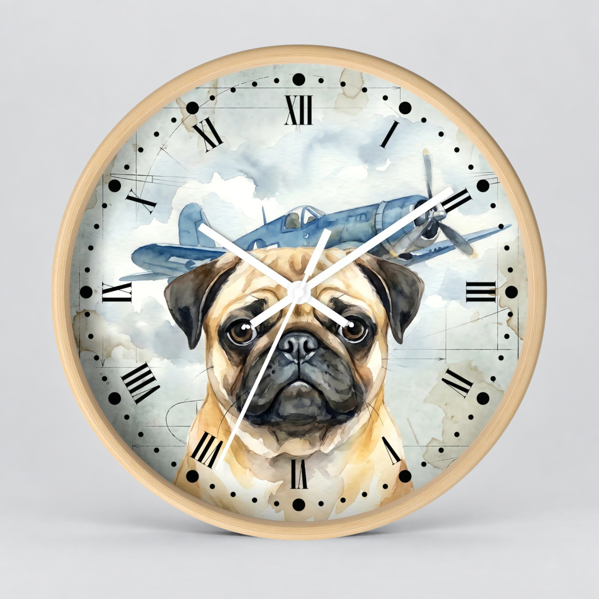 Round wall clock with a light wood frame and a printed dial featuring a pug dog portrait in front of a vintage blue airplane and cloudy sky. Black Roman numerals and white hands are visible.