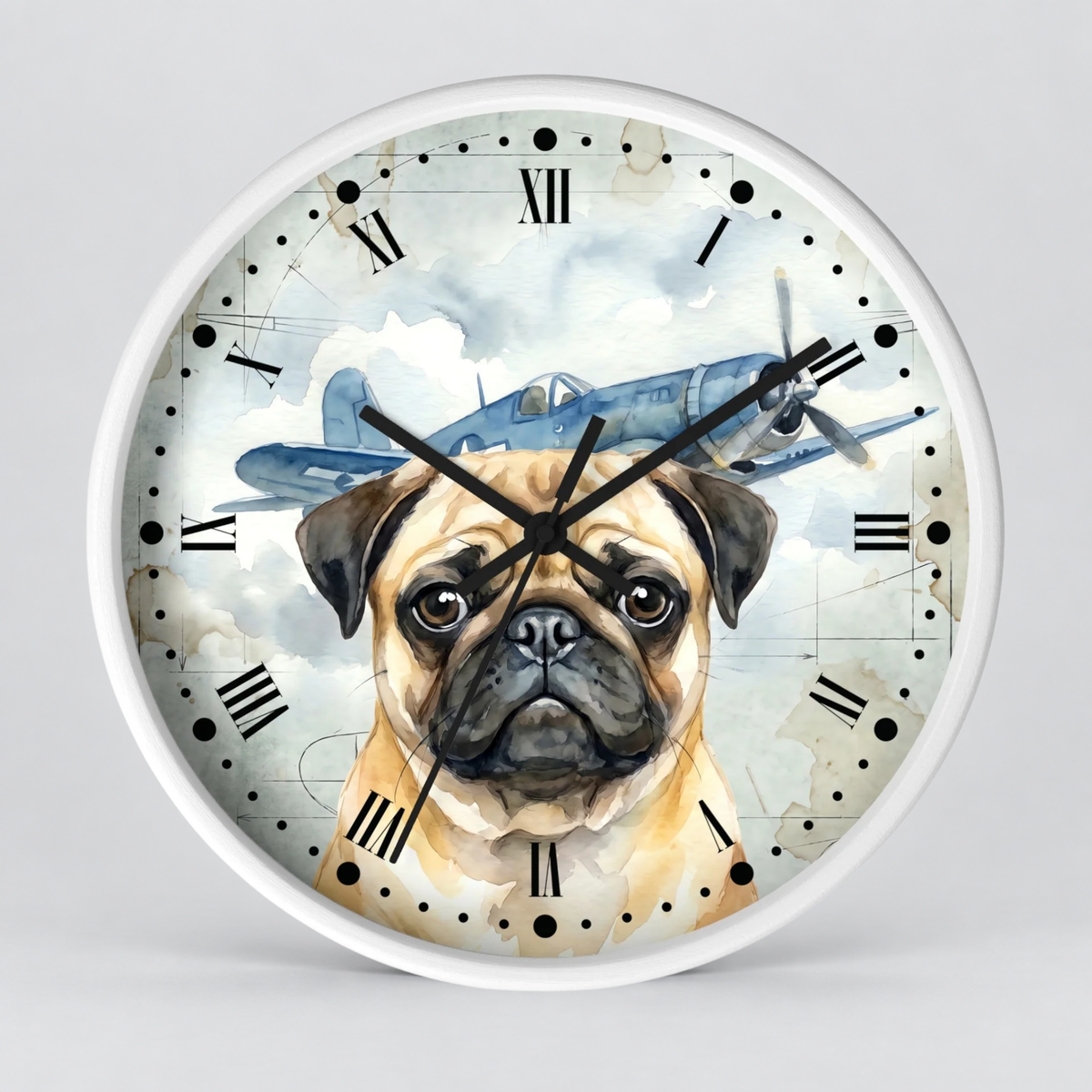 A round wall clock with a white frame and a printed face featuring a pug dog in front of a blue airplane on a cloudy background. The clock uses black Roman numerals and black hands.
