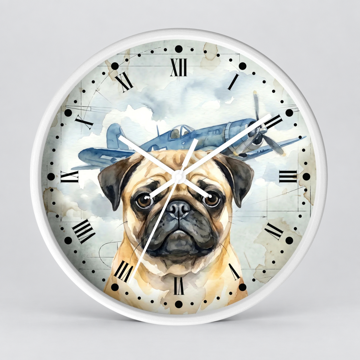 A round wall clock with a white frame and a printed face featuring a pug dog portrait in front of a vintage blue airplane and cloudy sky. The clock uses black Roman numerals and white hands against a light gray studio background.