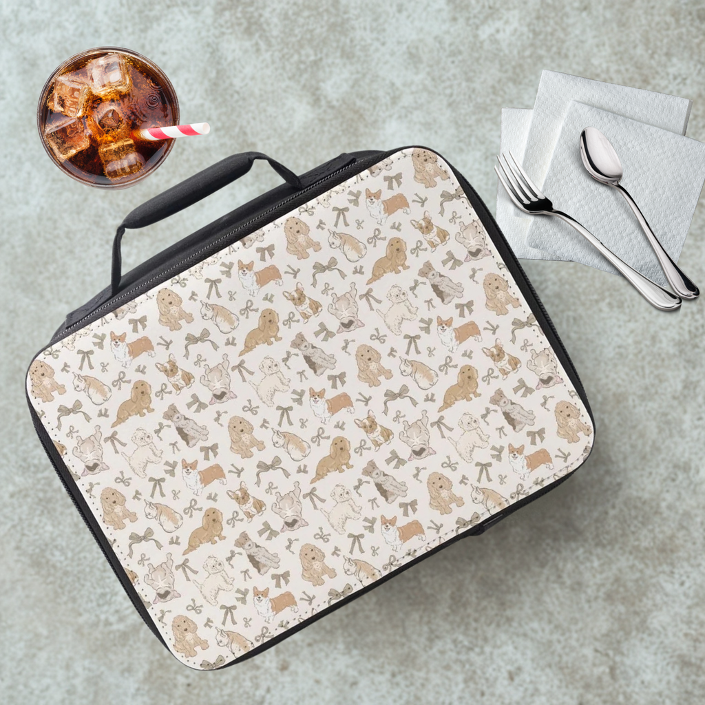 Lunch bag with dog pattern on a cafeteria table with a drink and utensils.