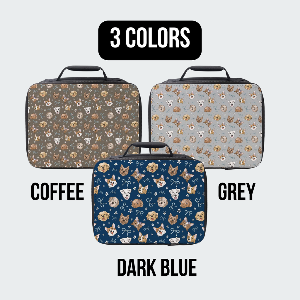 Three patterned bags in coffee, grey, and dark blue on a light gray background.