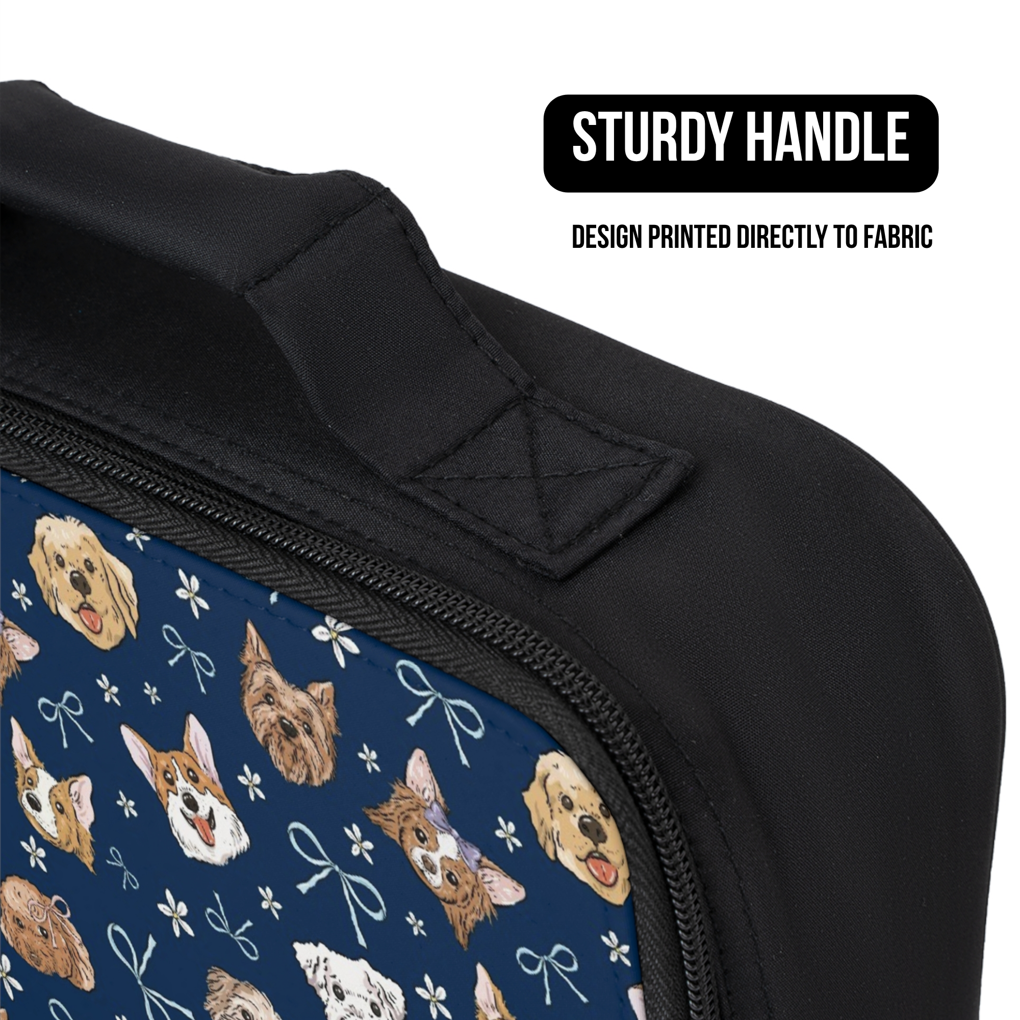 Black bag with dog pattern and sturdy handle on a white background