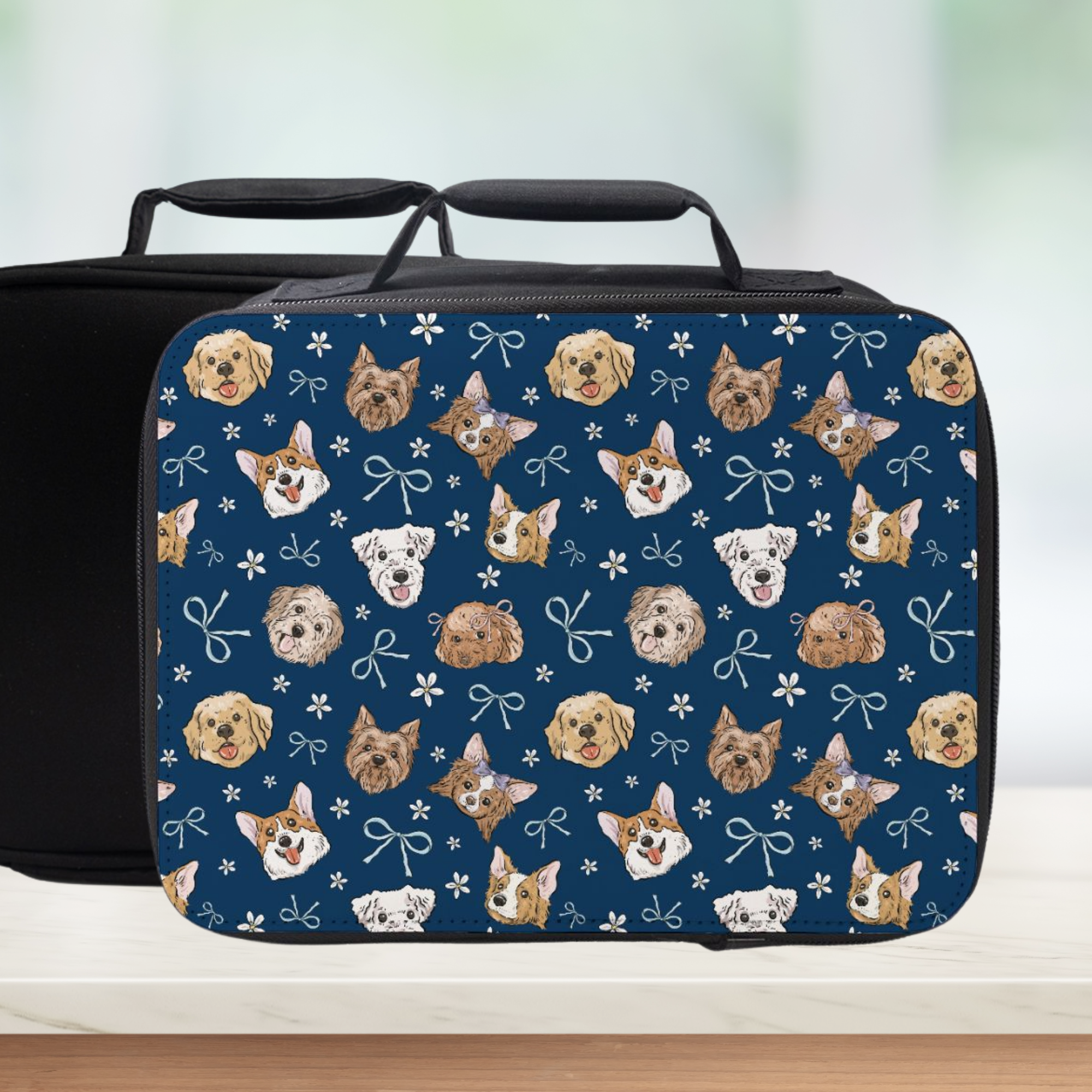 Lunch bag with a hand drawn dog pattern on a blurred background