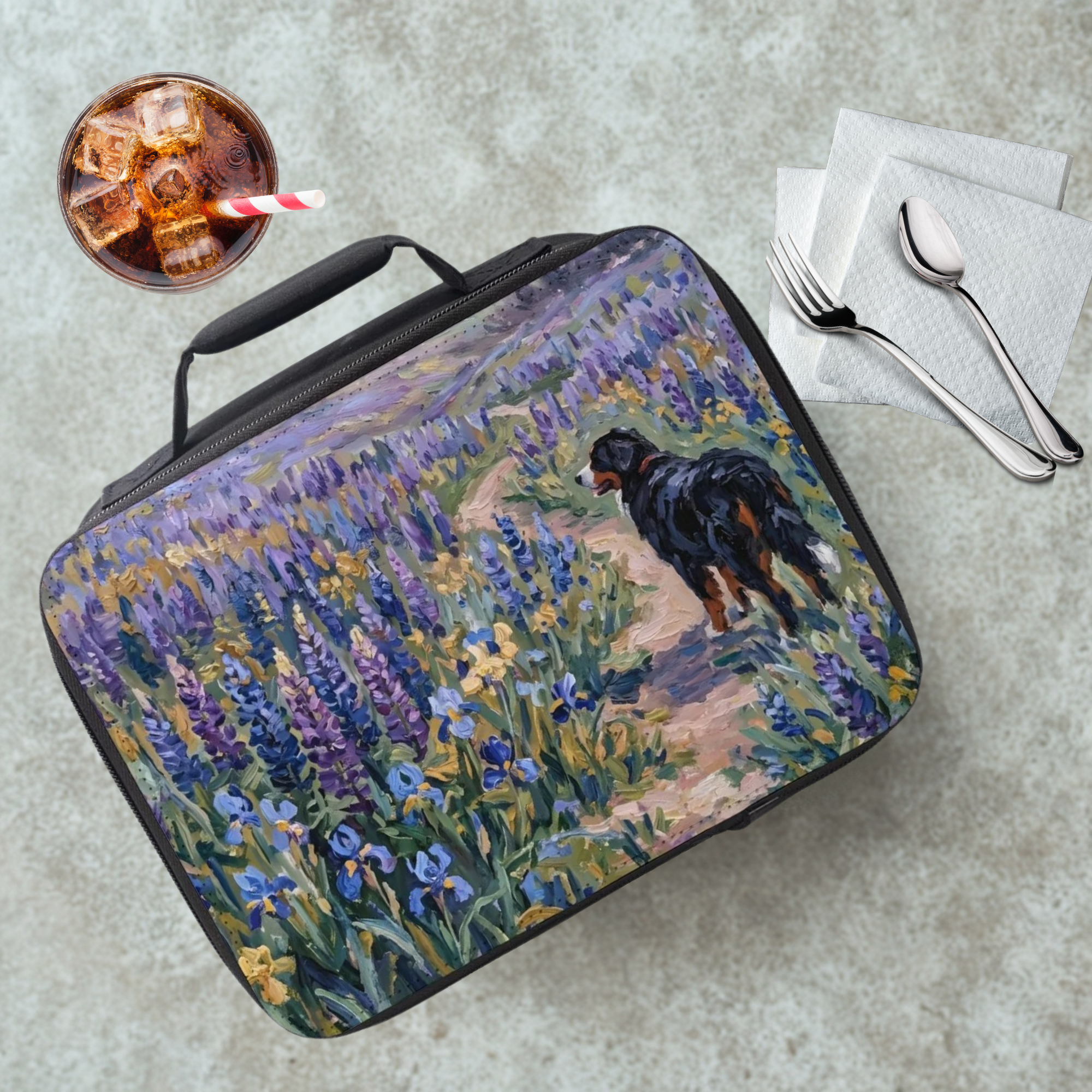 Lunch bag with artistic design of a Bernese mountain dog in a wildflower field, next to a drink and utensils on a table.