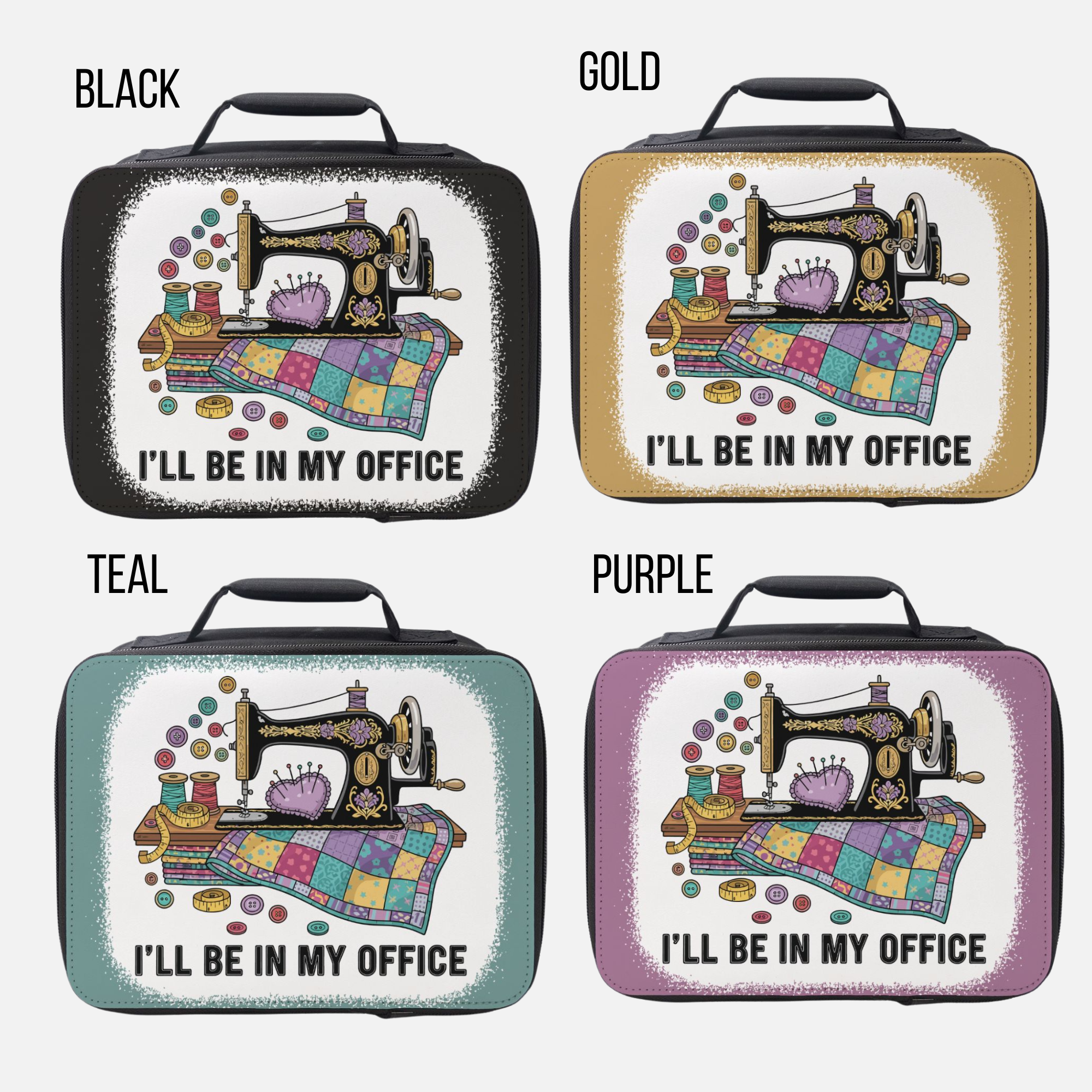 Four lunch bags with sewing machine design and text 'I'll be in my office' in black, gold, teal, and purple.