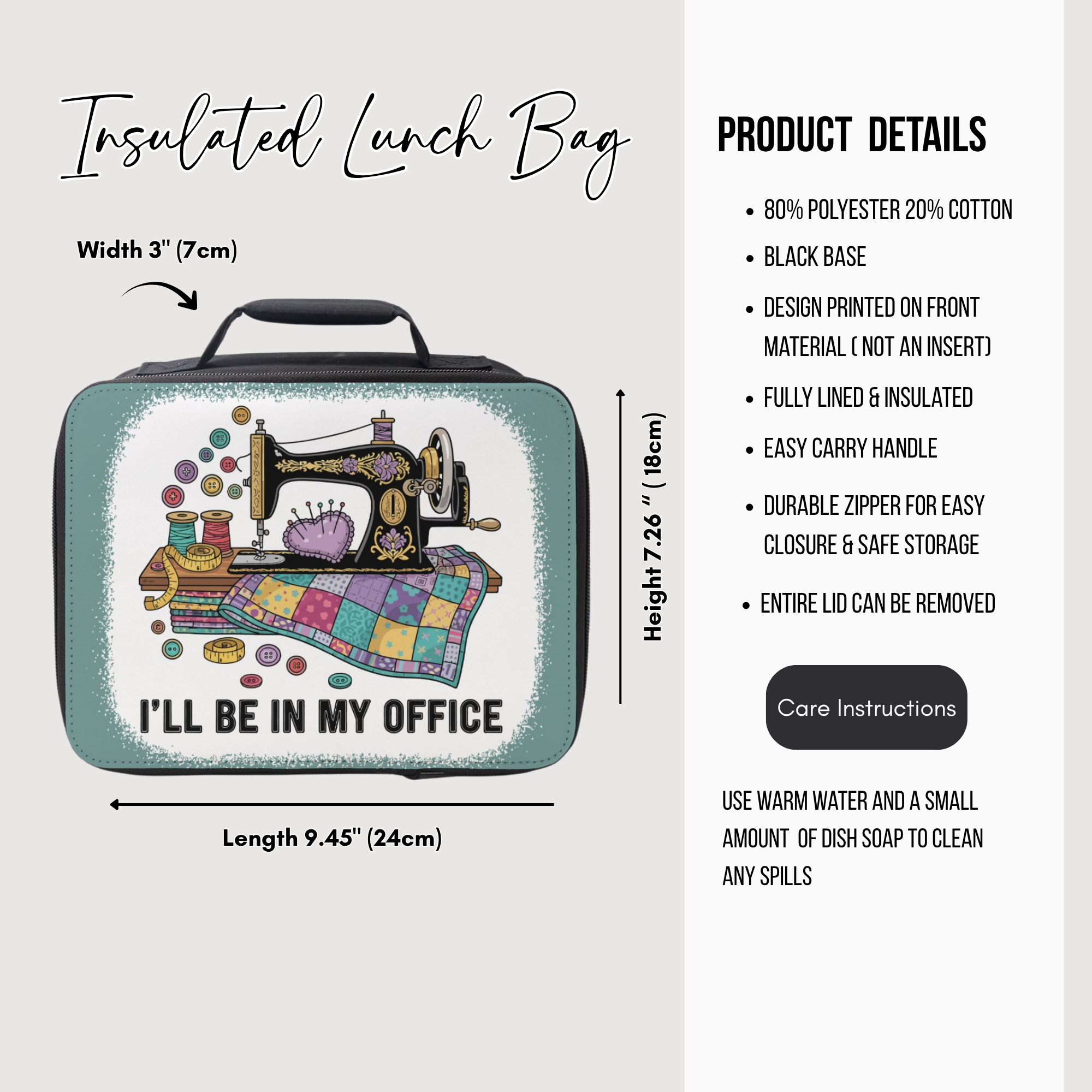 Insulated lunch bag with sewing machine design and product details on a white background