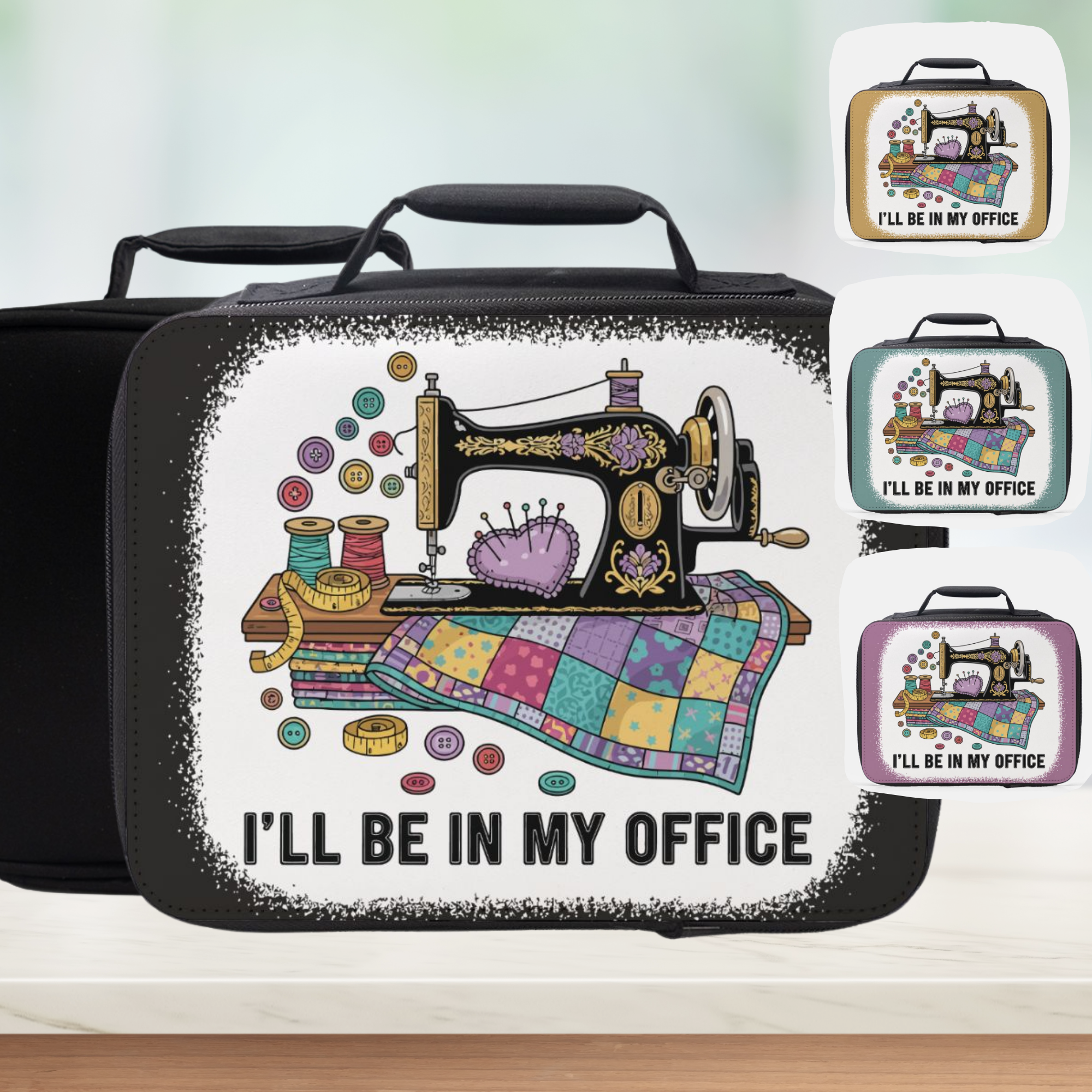 Black insulated lunch bag with a sewing machine design and 'I'll be in my office' text on a white background.