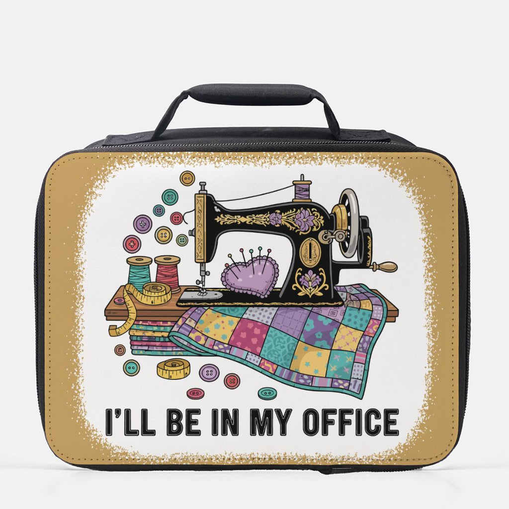  insulated lunch bag with sewing machine design and text 'I'll be in my office' on a white background