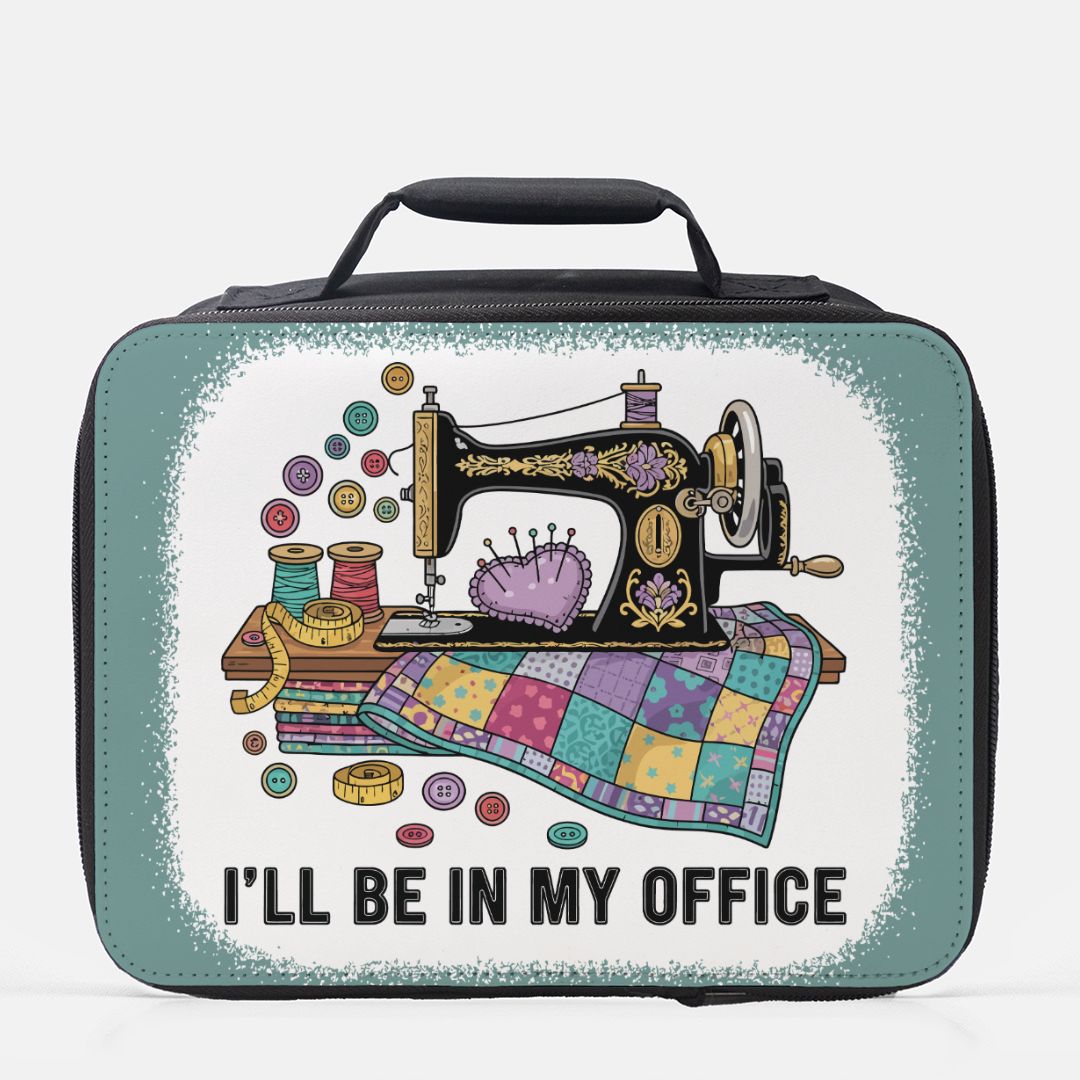 Lunch bag with a sewing machine design and 'I'll be in my office' text on a white background