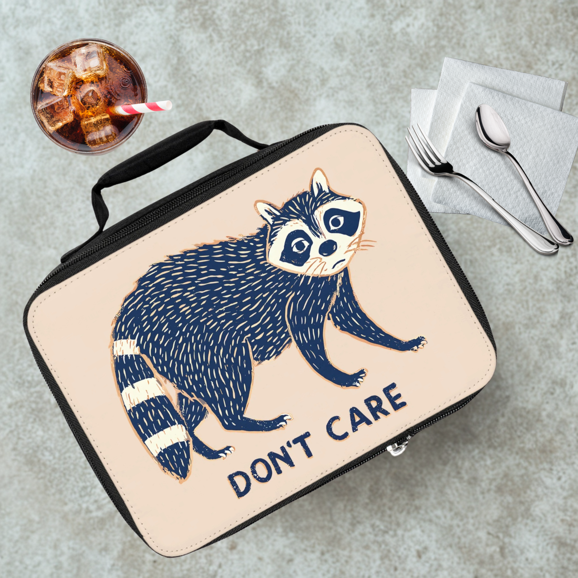 Lunch bag with raccoon design and 'Don't Care' text on a cafeteria table with a drink and utensils.