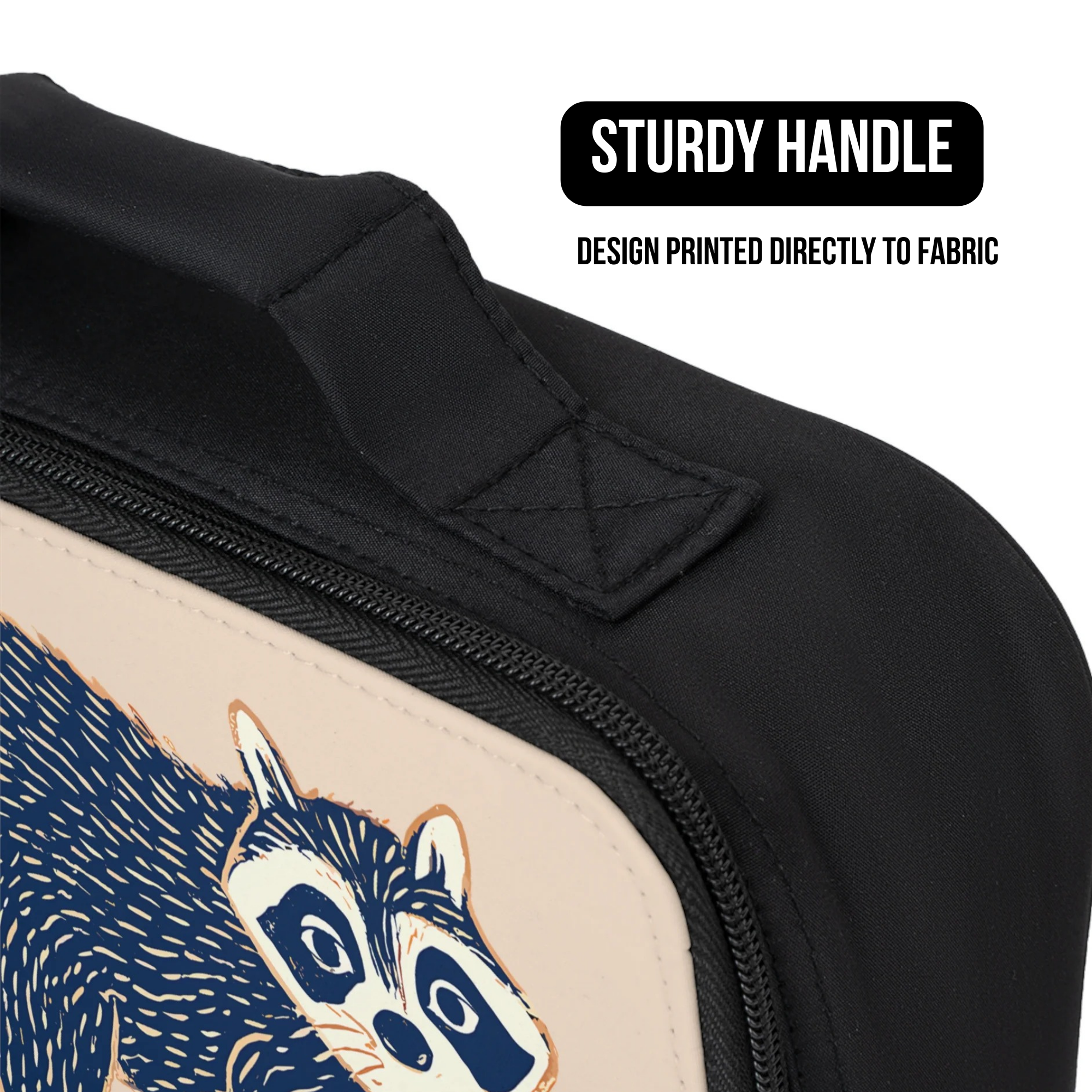 Black lunch bag with a raccoon design and sturdy handle on a white background