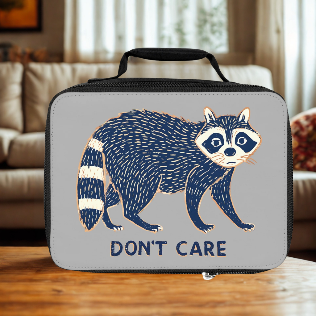  insulated lunch bag with a raccoon illustration and 'Don't Care' text on a wooden living room table.