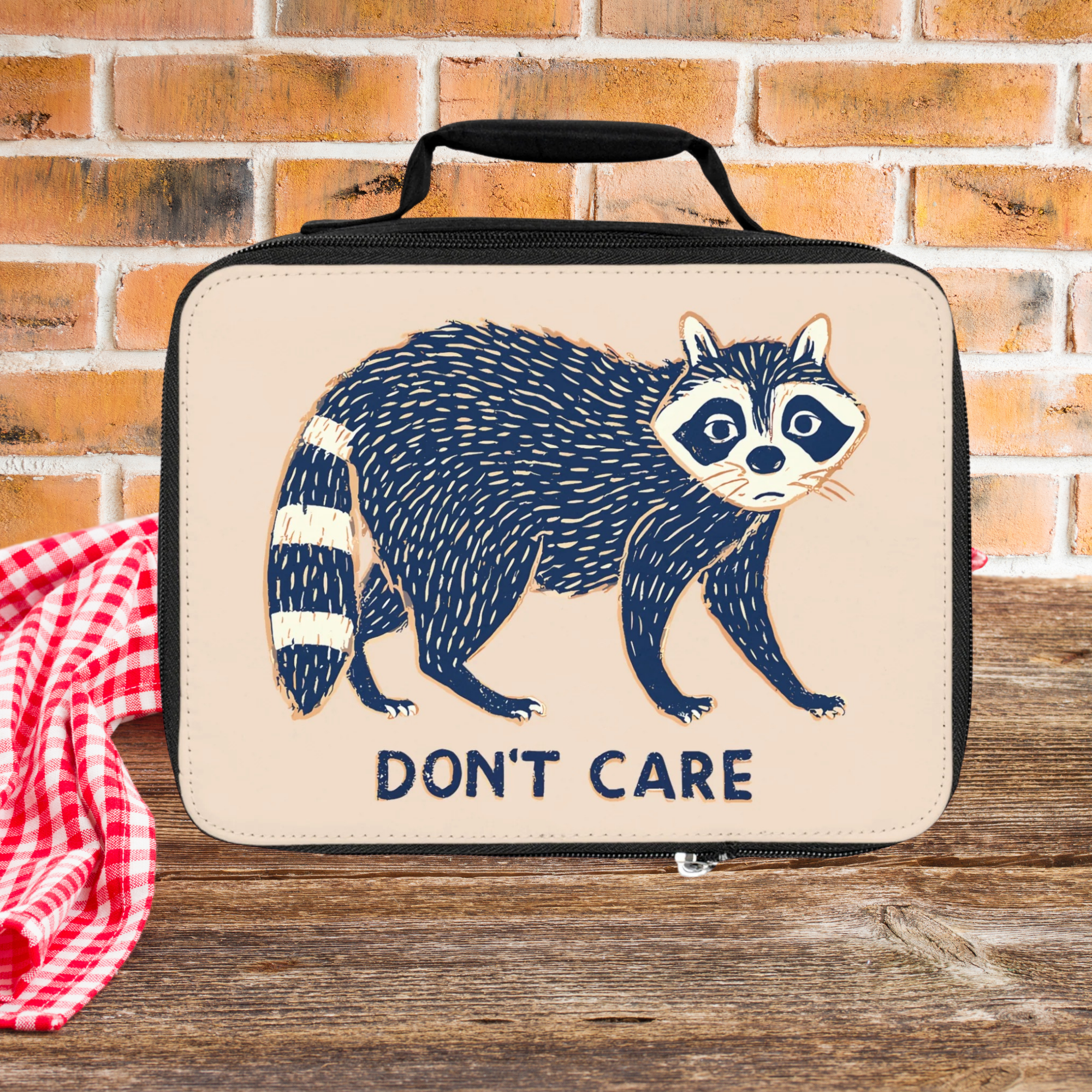 Lunch bag with raccoon design and 'Don't Care' text against a brick wall background