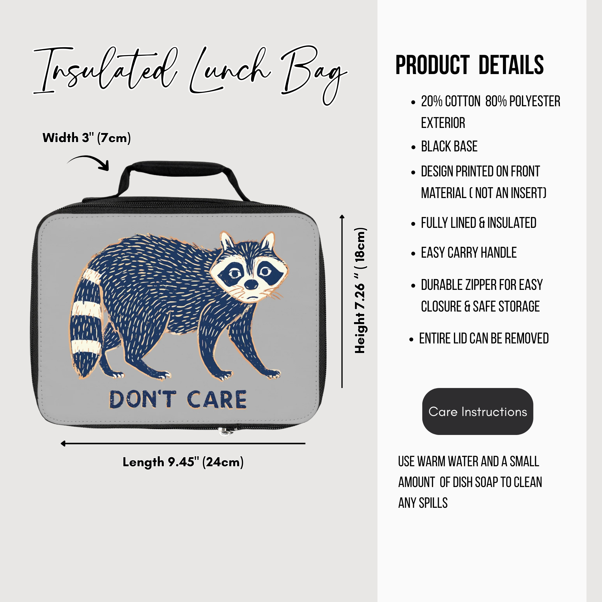 Insulated lunch bag with raccoon design and 'Don't Care' text, featuring product details on a white background.