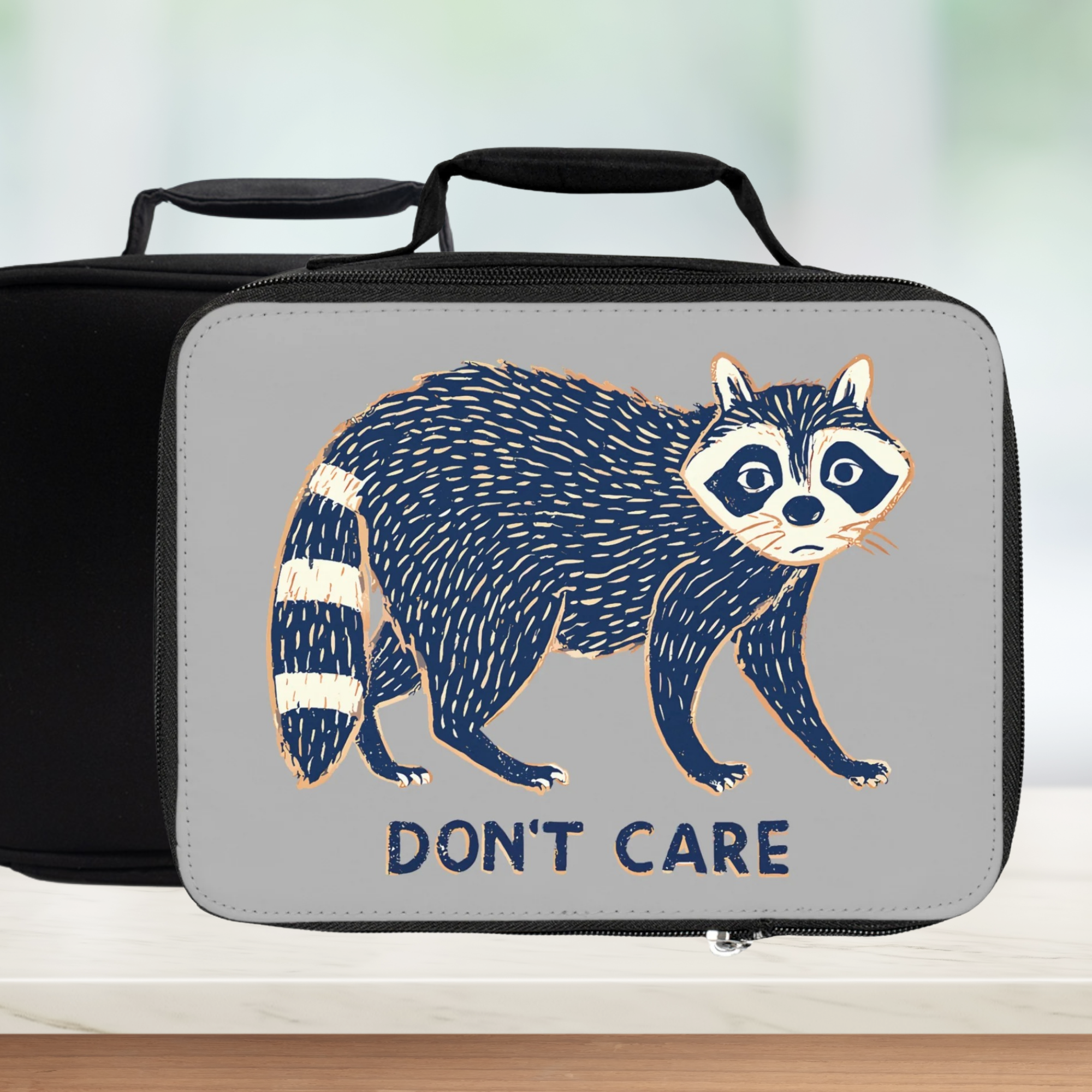  insulated lunch bag with a hand drawn raccoon illustration and 'DON'T CARE' text