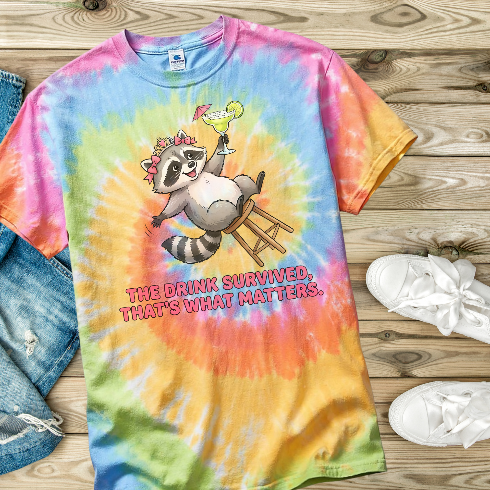 Colorful tie-dye t-shirt with a raccoon graphic and text on a wooden surface.