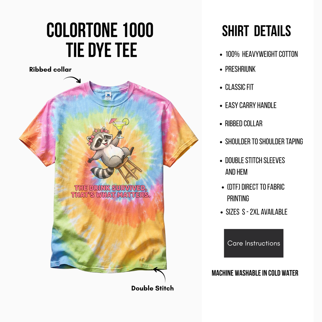 Tie-dye t-shirt with raccoon graphic and text, featuring shirt details on a white background.