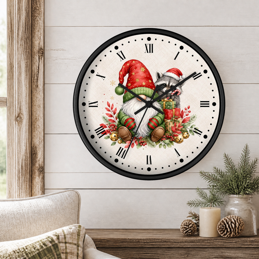 A round wall clock with a black frame and a festive Christmas gnome illustration on the face, mounted on a white wood-paneled wall above a wooden table with candles and pine branches.
