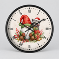 A round wall clock with a black frame and Roman numerals, featuring a festive Christmas illustration on the dial. The design shows a gnomem-like figure in a red hat and green sweater, a raccoon in a Santa hat, ornaments, gifts, and holiday greenery on an off-white background.