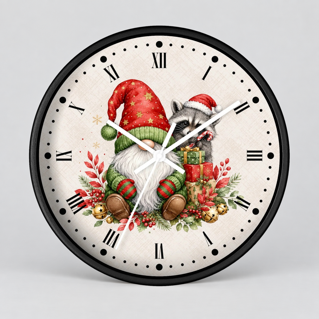 Round wall clock with a black frame and Roman numerals, featuring a festive illustration of two Christmas gnomes with red hats, green boots, gifts, and holiday greenery on a light cream background.