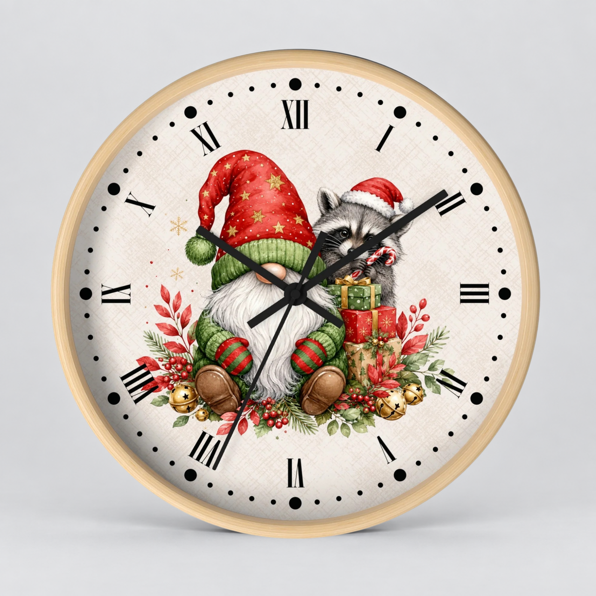 A round wall clock with a light wood frame and a festive Christmas illustration on the dial. The design features a gnome in a red Santa hat and green sweater, a raccoon in a Santa hat, red berries, ornaments, and wrapped gifts, set against an off-white background with black Roman numerals and markers.
