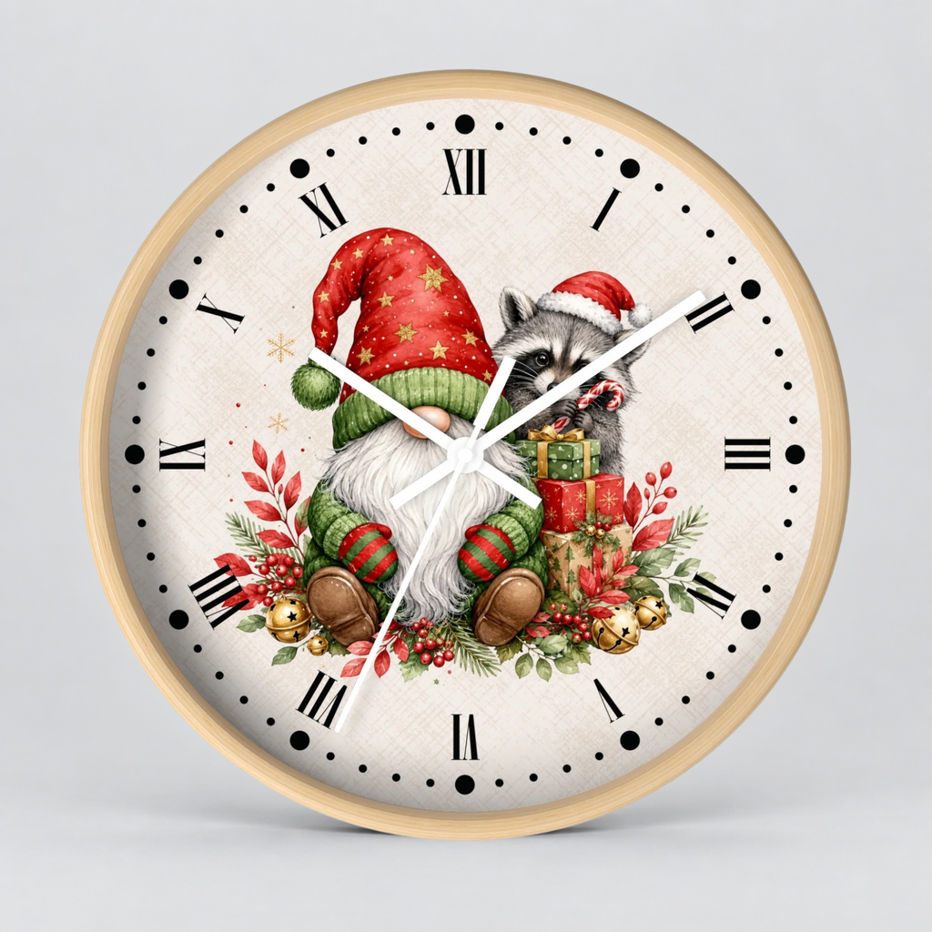 A round wall clock with a light wood frame and a festive Christmas illustration on the dial. The design shows a raccoon wearing a red Santa hat and coat, holding a gift box, with a gnome in a red hat beside it, surrounded by greenery, red berries, and gold ornaments.