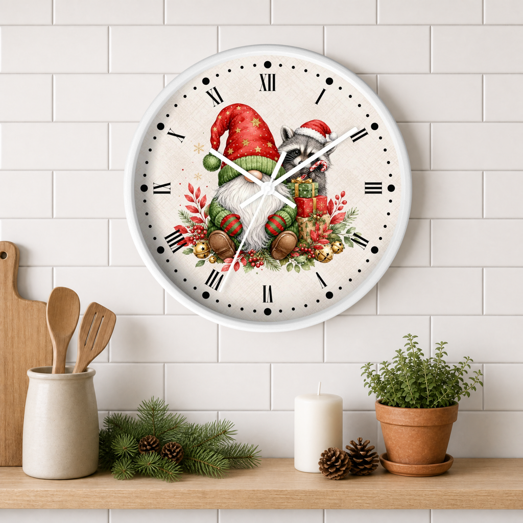 A round wall clock with a white frame and a festive Christmas gnome illustration on the face, mounted on a white subway tile wall above a wooden shelf with kitchen items, pine branches, a candle, and a potted plant.
