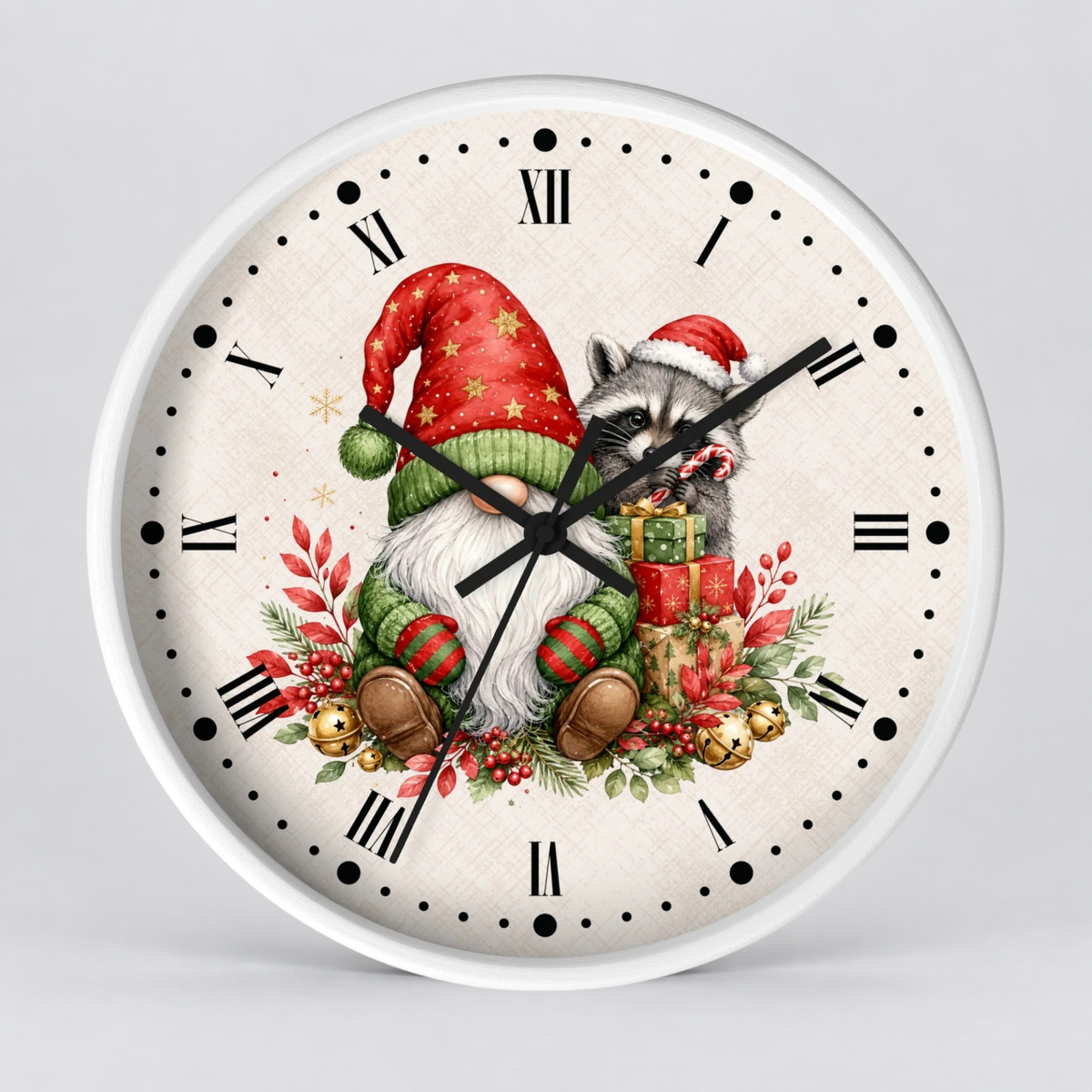 Round wall clock with a white frame and a festive Christmas illustration on the dial. The design shows a gnome in a red Santa hat and green sweater next to a raccoon in a Santa hat, surrounded by red berries, greenery, gold ornaments, and gift boxes, with black Roman numerals and clock hands on a light gray background.