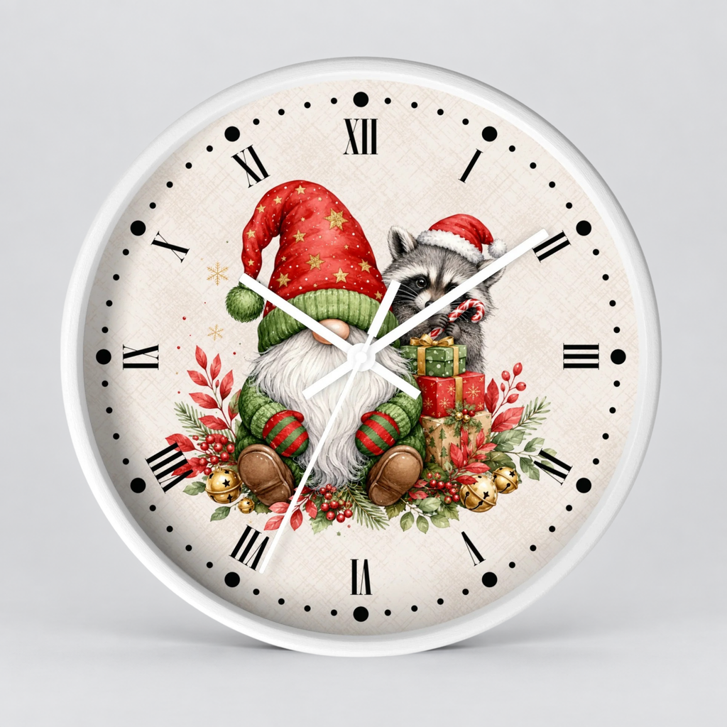 A round wall clock with a white frame and a cream-colored face featuring a Christmas gnome and raccoon illustration in red, green, gray, and gold tones, with black Roman numerals and white hands.
