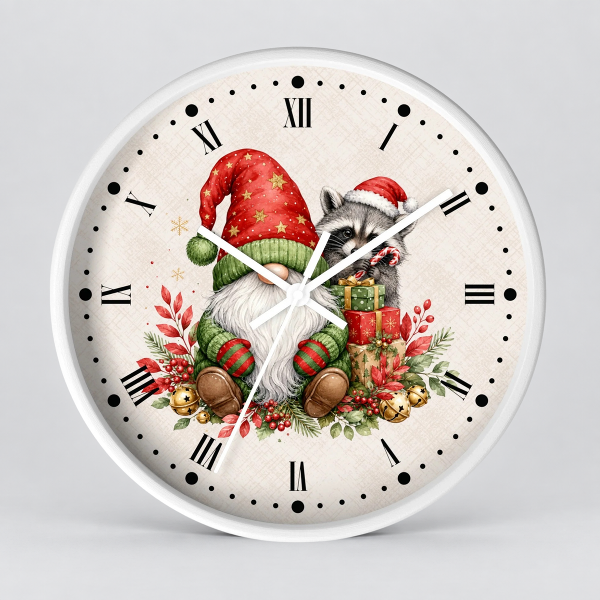 A round wall clock with a white frame and a cream-colored face featuring a Christmas gnome and raccoon illustration in red, green, gray, and gold tones, with black Roman numerals and white hands.