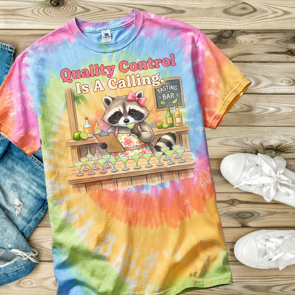 Colorful tie-dye t-shirt with a raccoon graphic and text on a wooden surface.