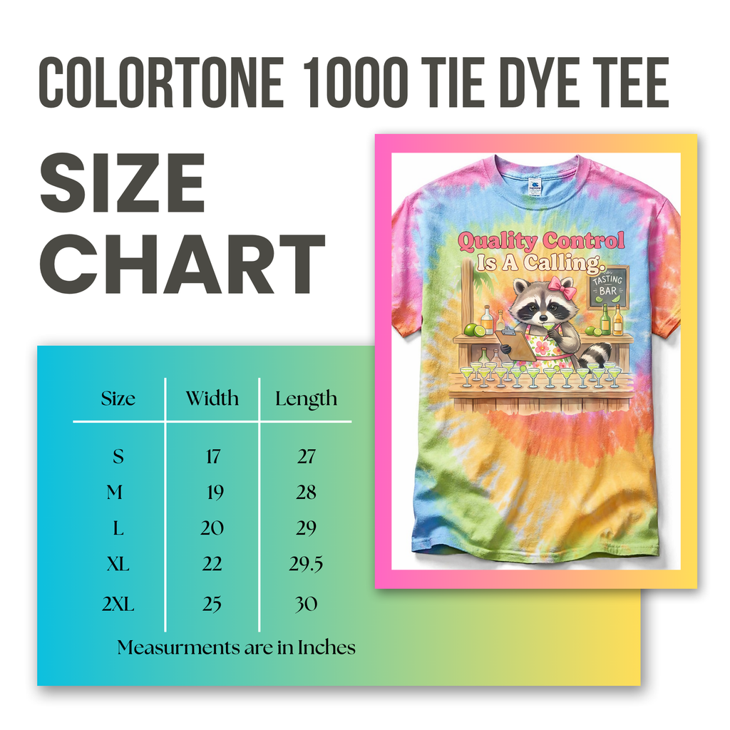 Colortone 1000 Tie Dye Tee size chart featuring a shirt in the color eternity with a design of a raccoon setting up drinks.
