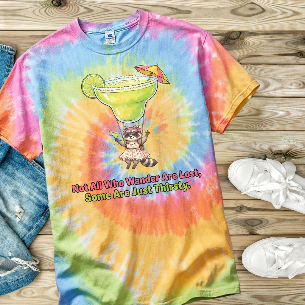 Colorful tie-dye t-shirt with a graphic of a margarita and raccoon and text on a wooden surface.