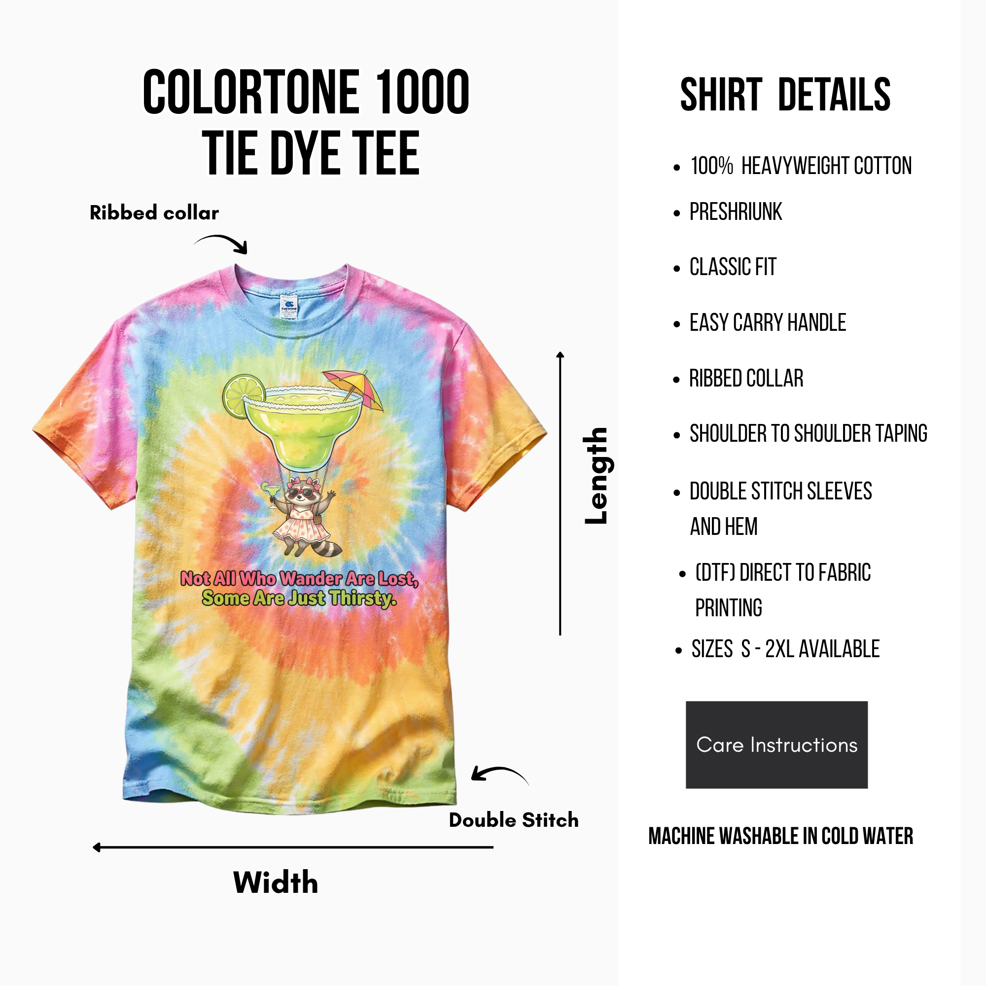 Tie-dye t-shirt with a cute raccoon and cocktail graphic, labeled 'Colortone 1000'.