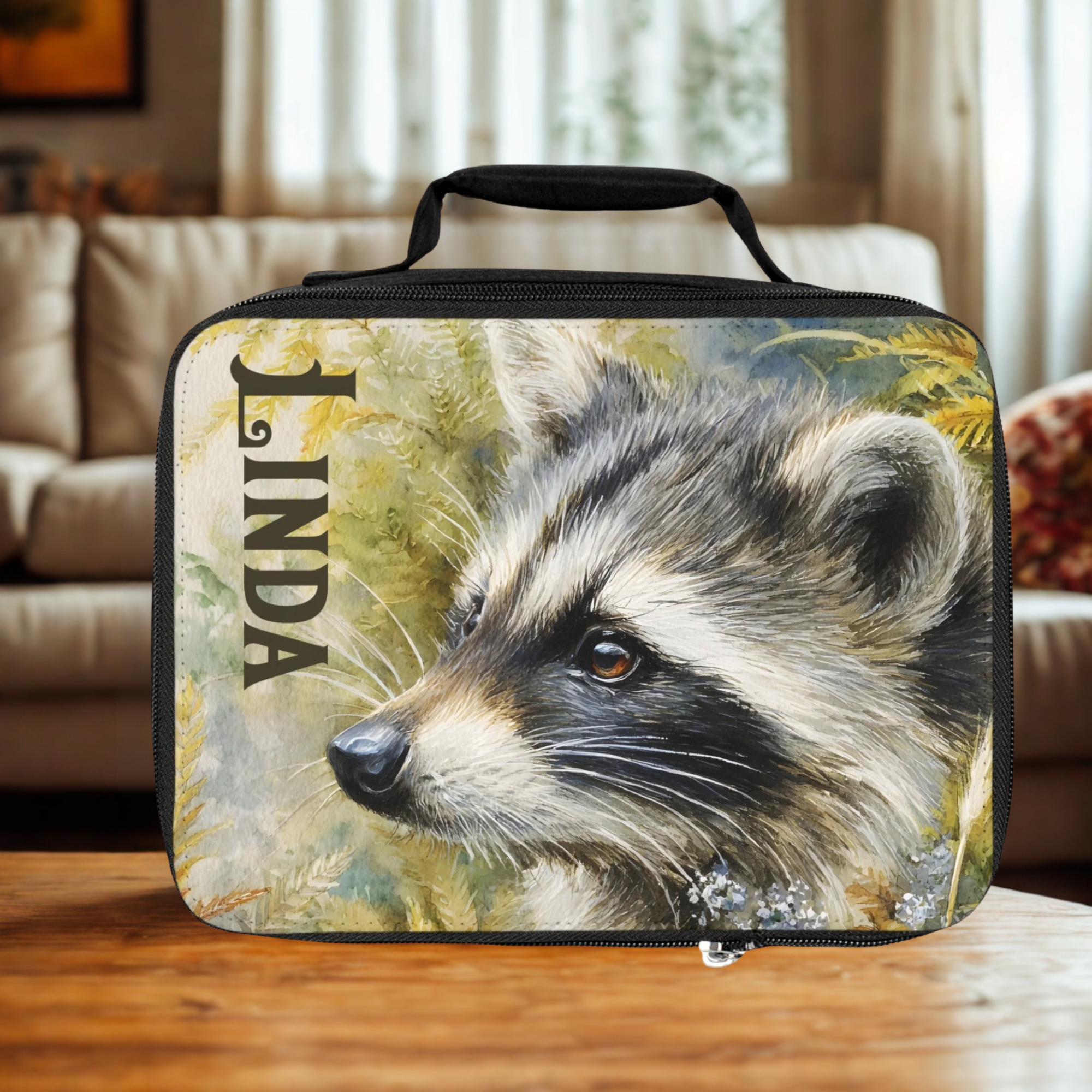  insulated lunch bag with raccoon design and 'LINDA' custom text on a wooden living room table.
