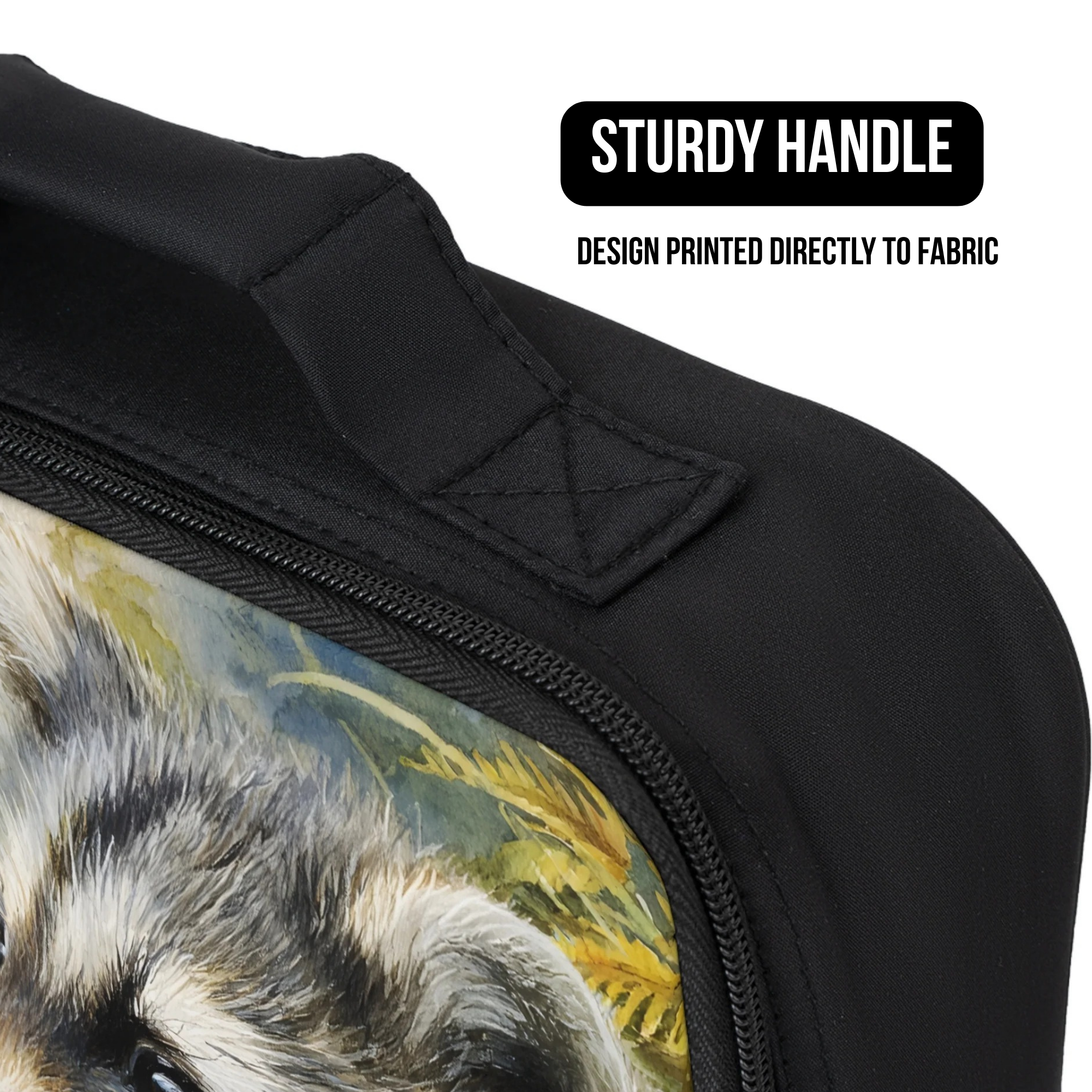 Black lunch bag with a raccoon design and sturdy handle on a white background