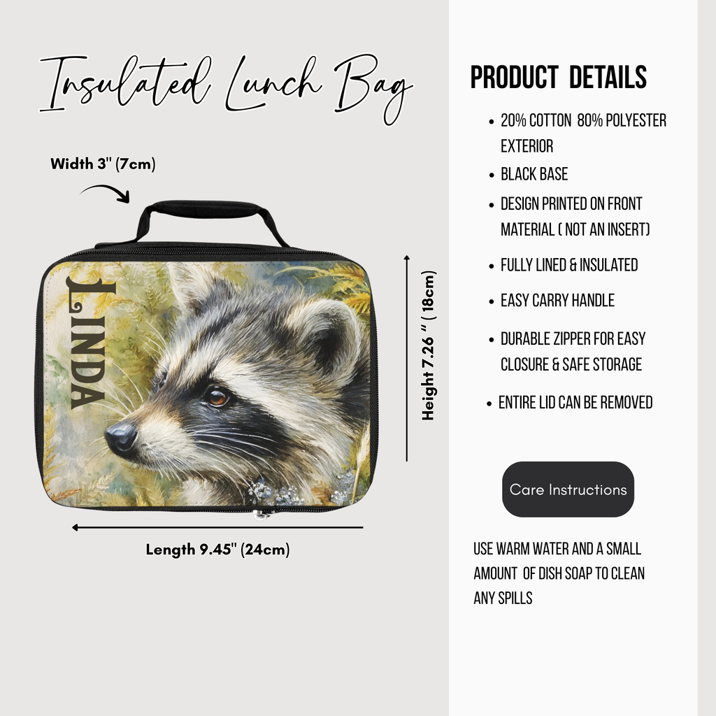 Insulated lunch bag with raccoon design and product details on a white background